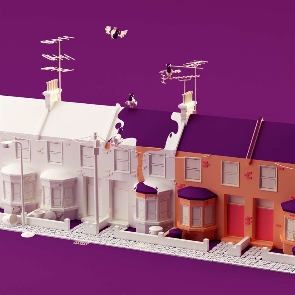 The  Rusted Pixel, Expert 3D stylised illustration of row of houses being painted with birds sitting on the roof. Home themed CGI illustration.  