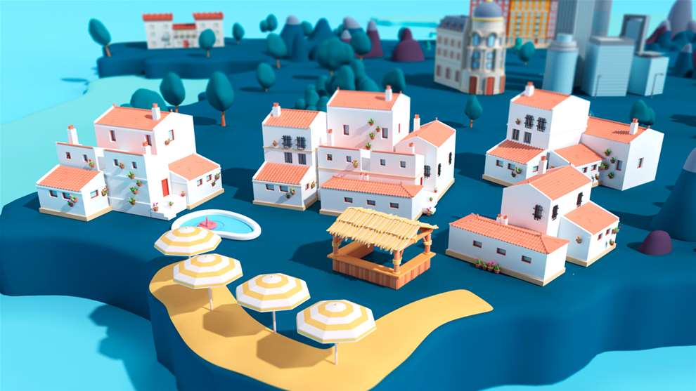 The  Rusted Pixel, Expert 3D stylised illustration of charming city of buildings on a map surrounded by sea for travel brand Trivago. CGI animation, 3D style. 