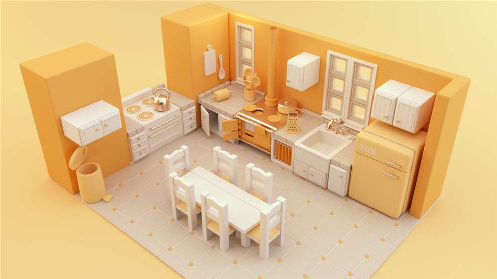 The  Rusted Pixel, Expert 3D stylised illustration of yellow house kitchen interior. CGI animation, 3D style.  