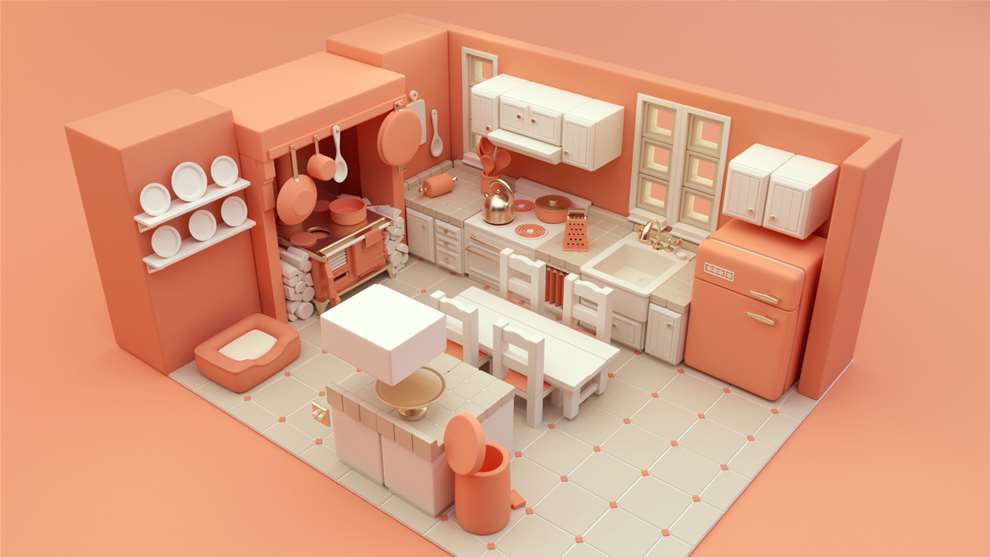 The  Rusted Pixel, Expert 3D stylised illustration of house kitchen orange interior. CGI animation, 3D style.  