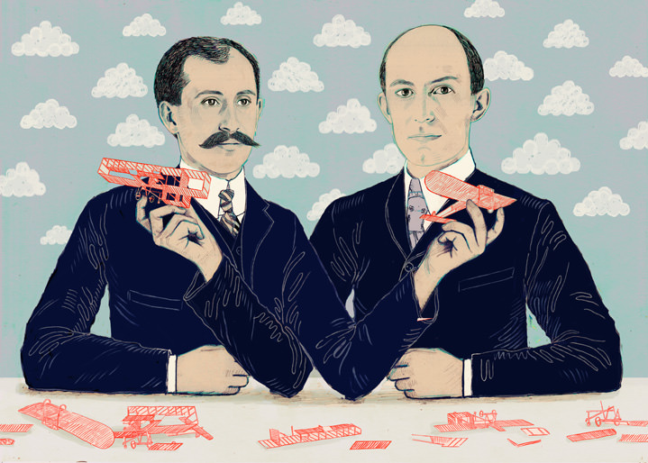 Anna Higgie, Anna Higgie hand drawn illustration of the Wright Brothers with toy planes