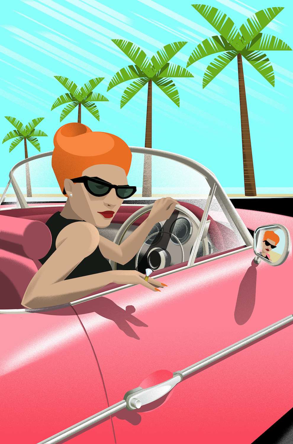 Max Ellis, Bold and graphic digital illustration of a woman driving a convertible car in California 