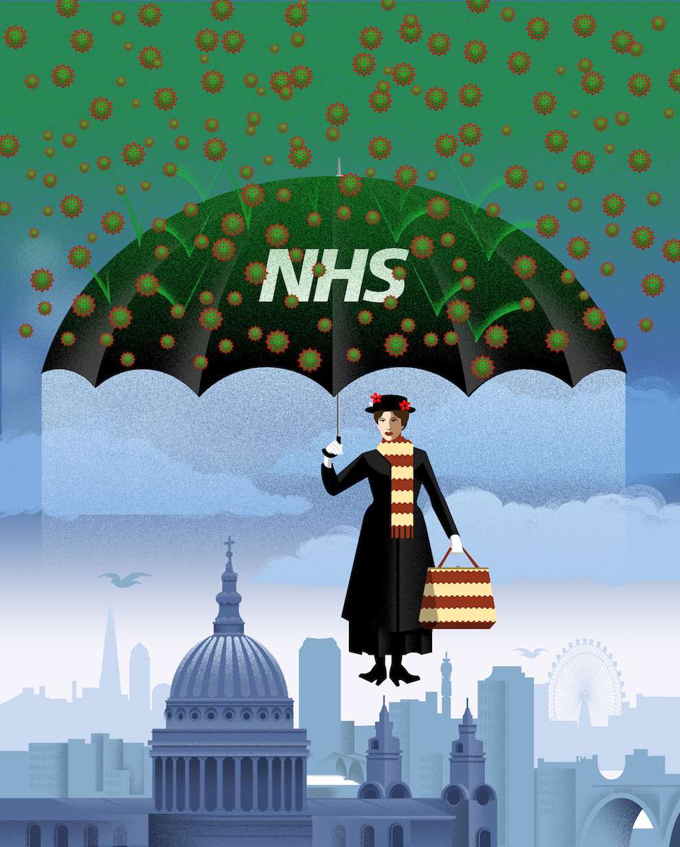 Max Ellis, Bold and graphic conceptual illustration of Marry Poppins  coming down the sky and protecting us from the virus 