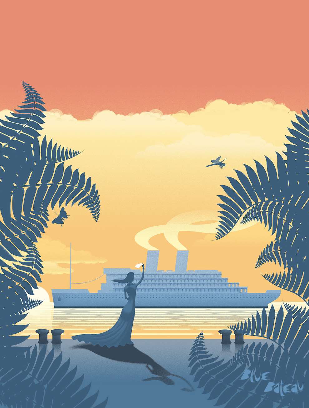 Max Ellis, Textural and graphic digital illustration of a lady waving at a cruise ship 