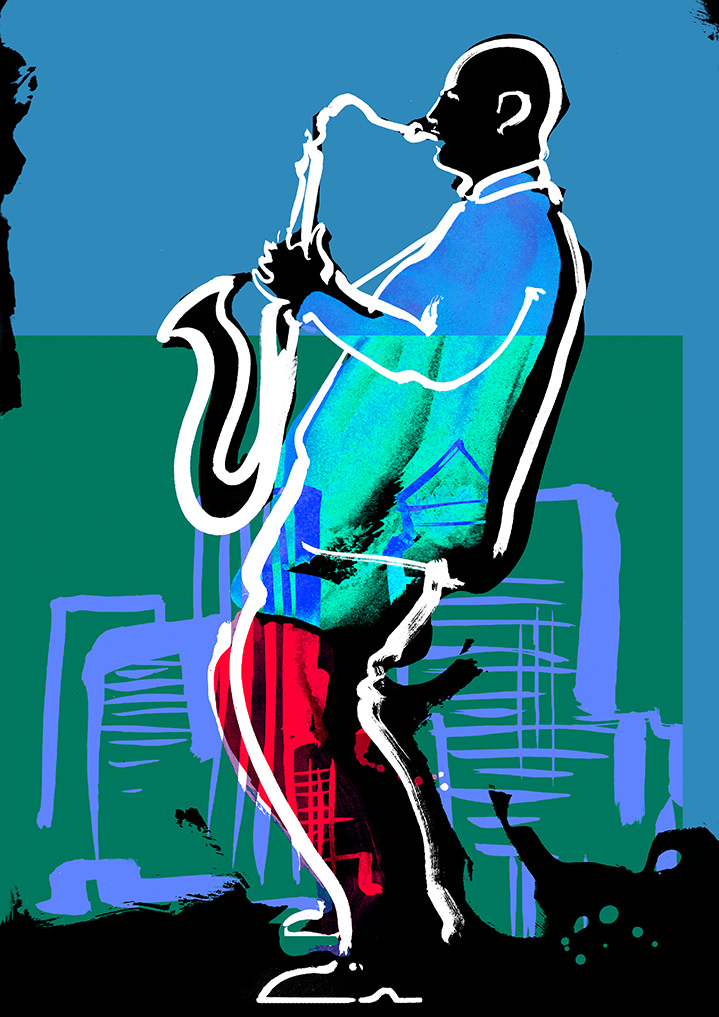 Brian Grimwood, Airbrush illustration of a man playing the saxophone. Coloured layers 