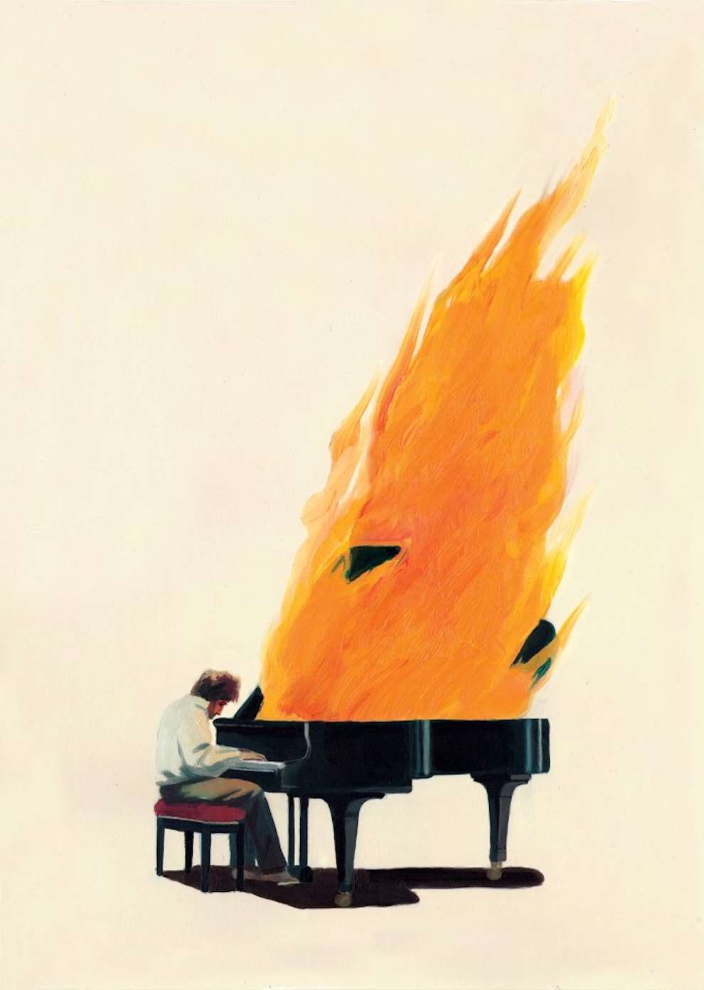 David De Las Heras, Painterly oil conceptual illustration of a man playing a paint on fire. 