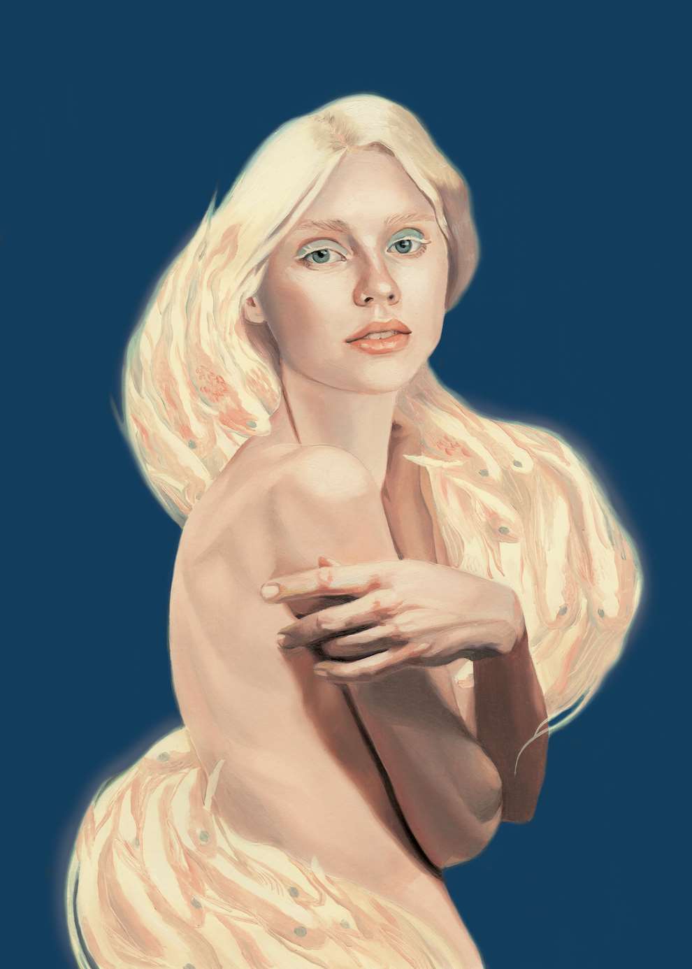 David De Las Heras, Intricate realistic hand painted portrait of a woman with long blonde hair hugging herself on blue background. 