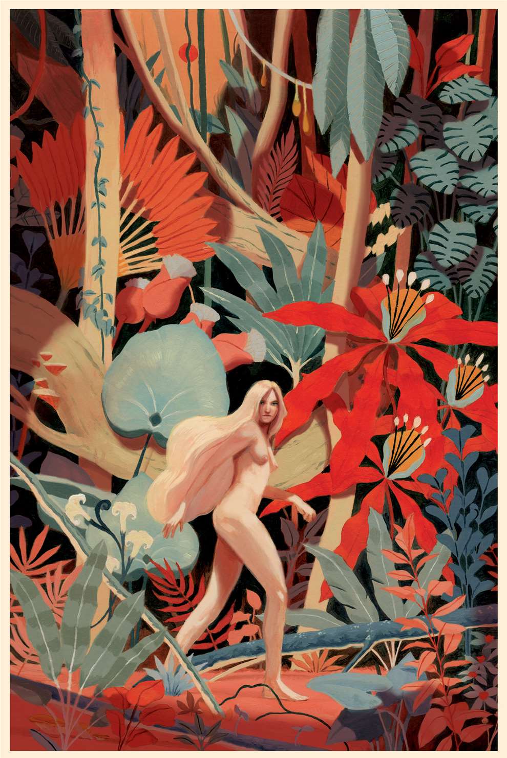 David De Las Heras, Handpainted botanical intricate scenery of a naked women in a forest, commissioned by the Folio Society as part of 'Planet of the Apes.'