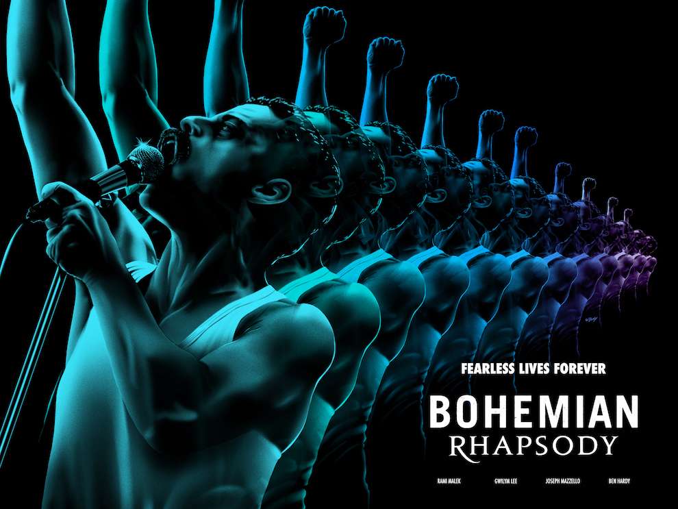 Doaly, Digital painterly illustration of movie poster Bohemian Rhapsody with Freddie Mercury singing 
