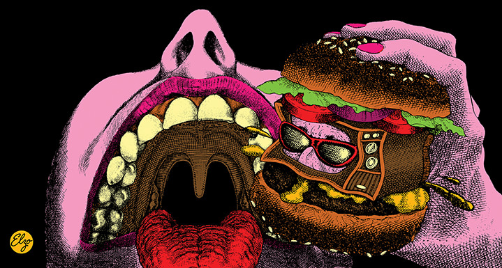Elzo Durt, Elzo Durt Psychedelic, surreal and playful illustration. Close up of a person mouth eating a burger