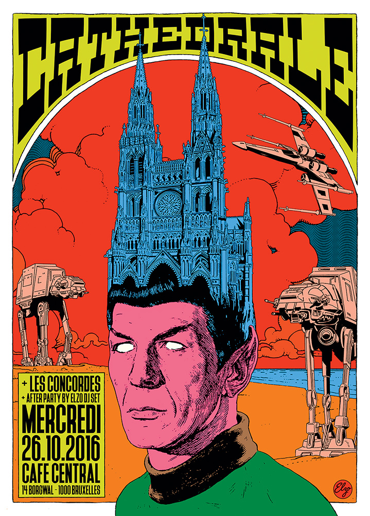 Elzo Durt, Elzo Durt Psychedelic Colourful Illustrated Poster of Man with Cathedral on his head and robots in the background.  