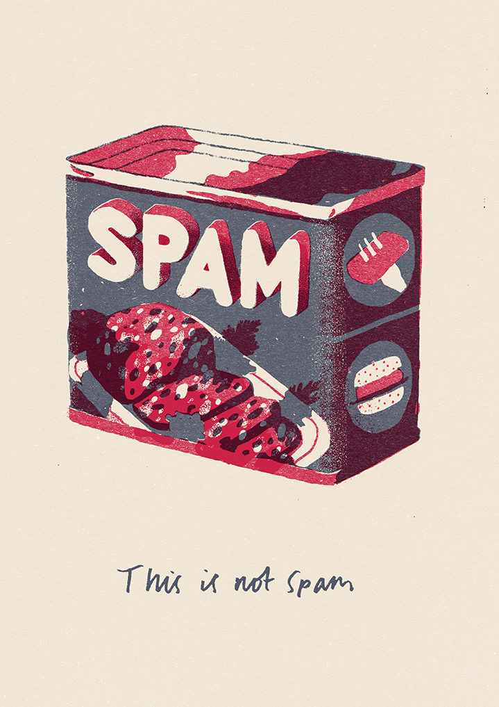 Harry Tennant, Humorous digital print style illustration of a can of spam with hand written typography. Referencing Magritte Dada art.