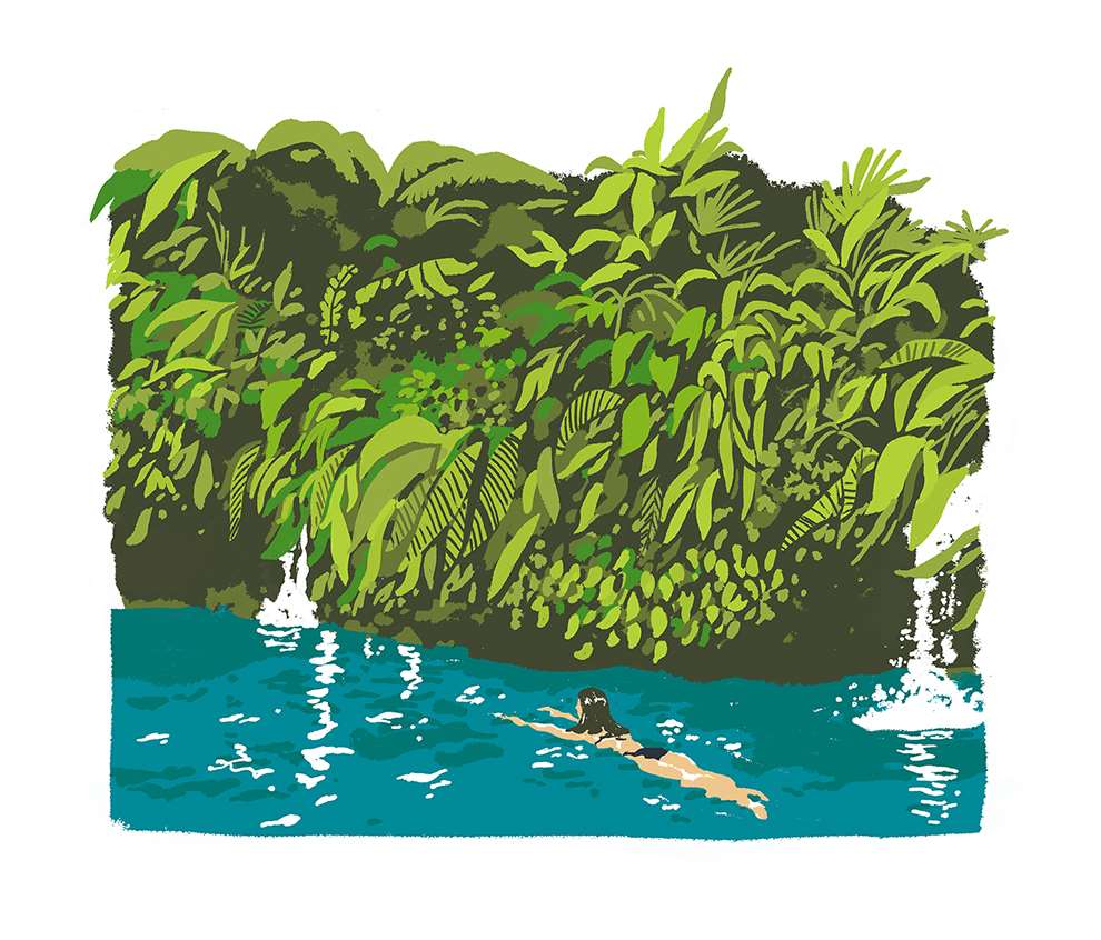 Harry Tennant, Illustration of a woman swimming in a pool. Digital screenprint retro look 