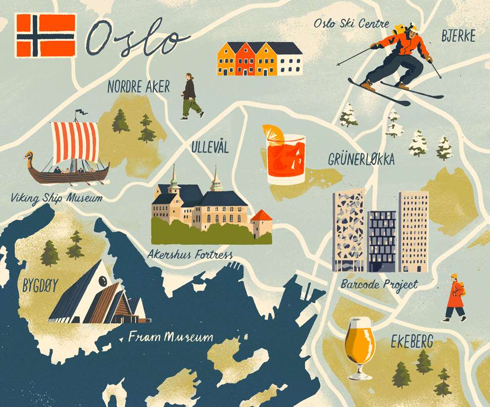 Harry Tennant, Digital painterly map illustration of Oslo, Norway. 