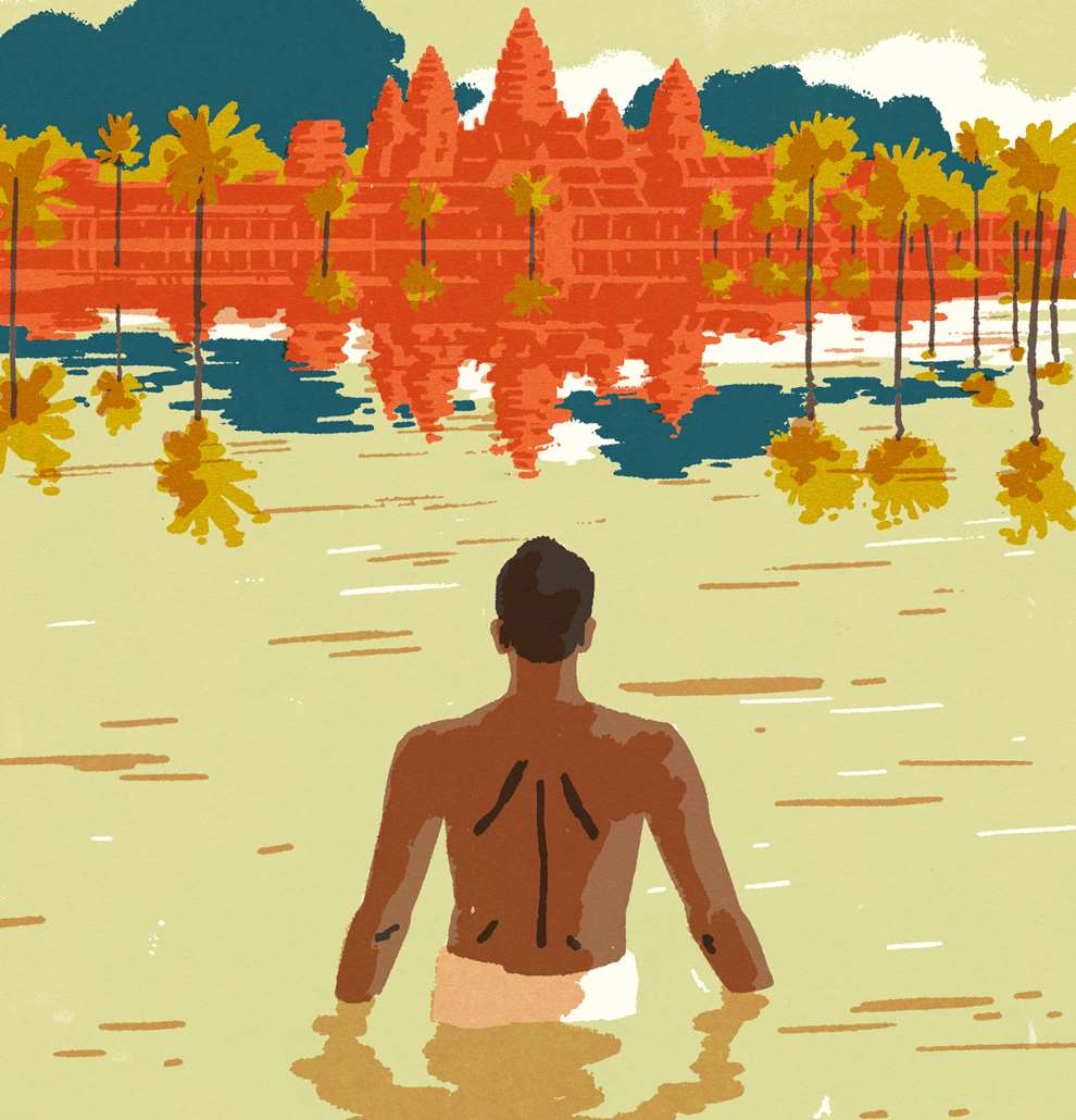 Harry Tennant, Silk screen style llustration of a man facing a temple in rising water.Minimal colour palette and characters