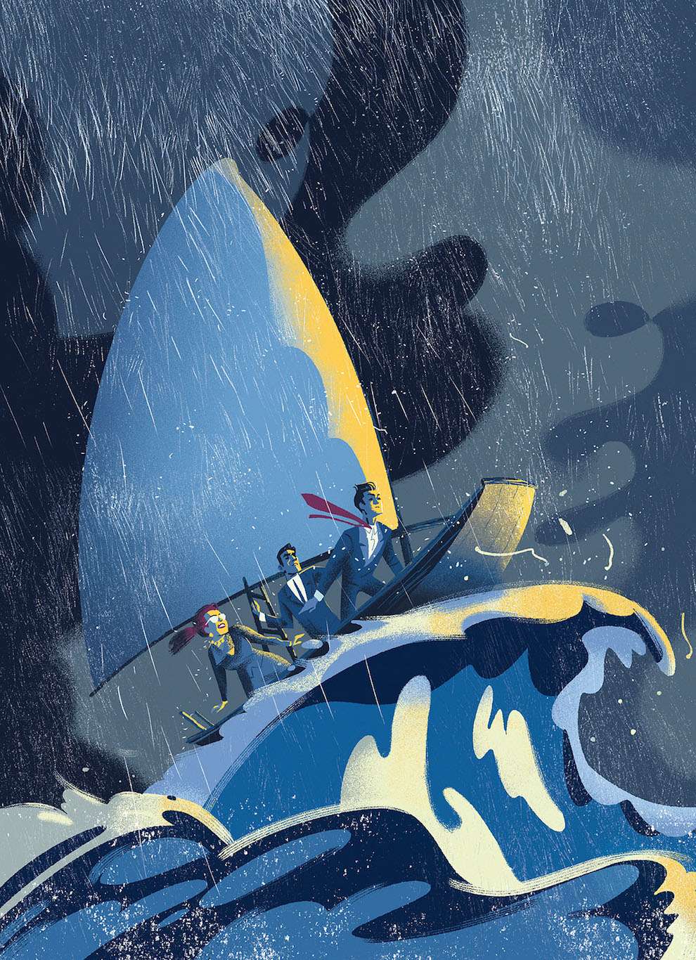 Jan Bielecki, Digital editorial piece about navigating in troubled waters. Business looking people in a boat going through a storm 