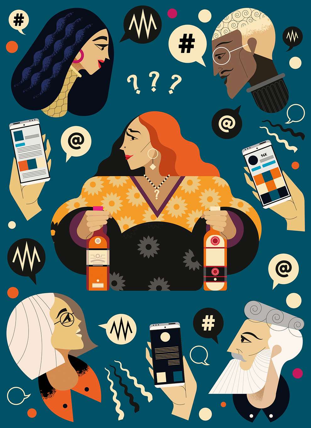Jonny Wan, Digital geometric illustration exploring the world of what's real and fake on social media featuring a series of women and speech marks.