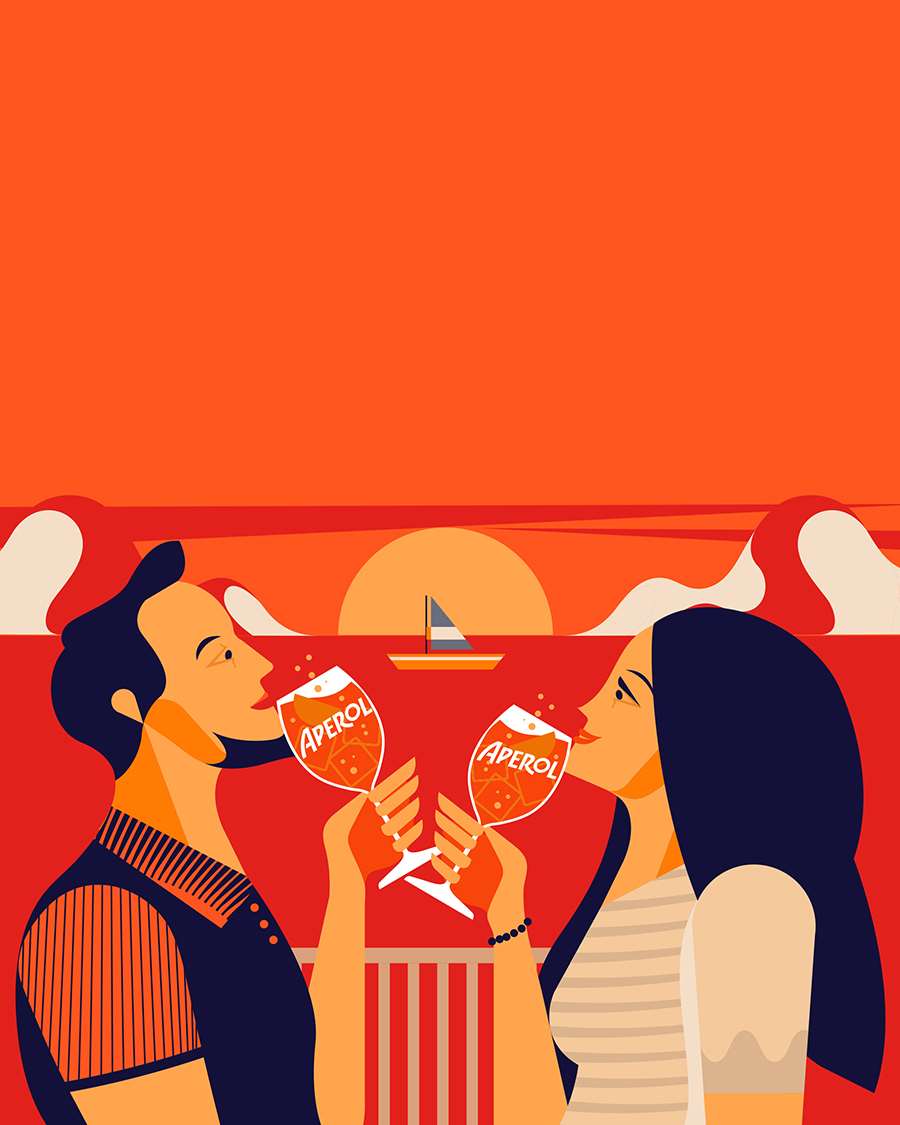 Jonny Wan, Vector bold playful graphic illustration of a couple drinking Aperol Spritz on a balcony overlooking the sunset.