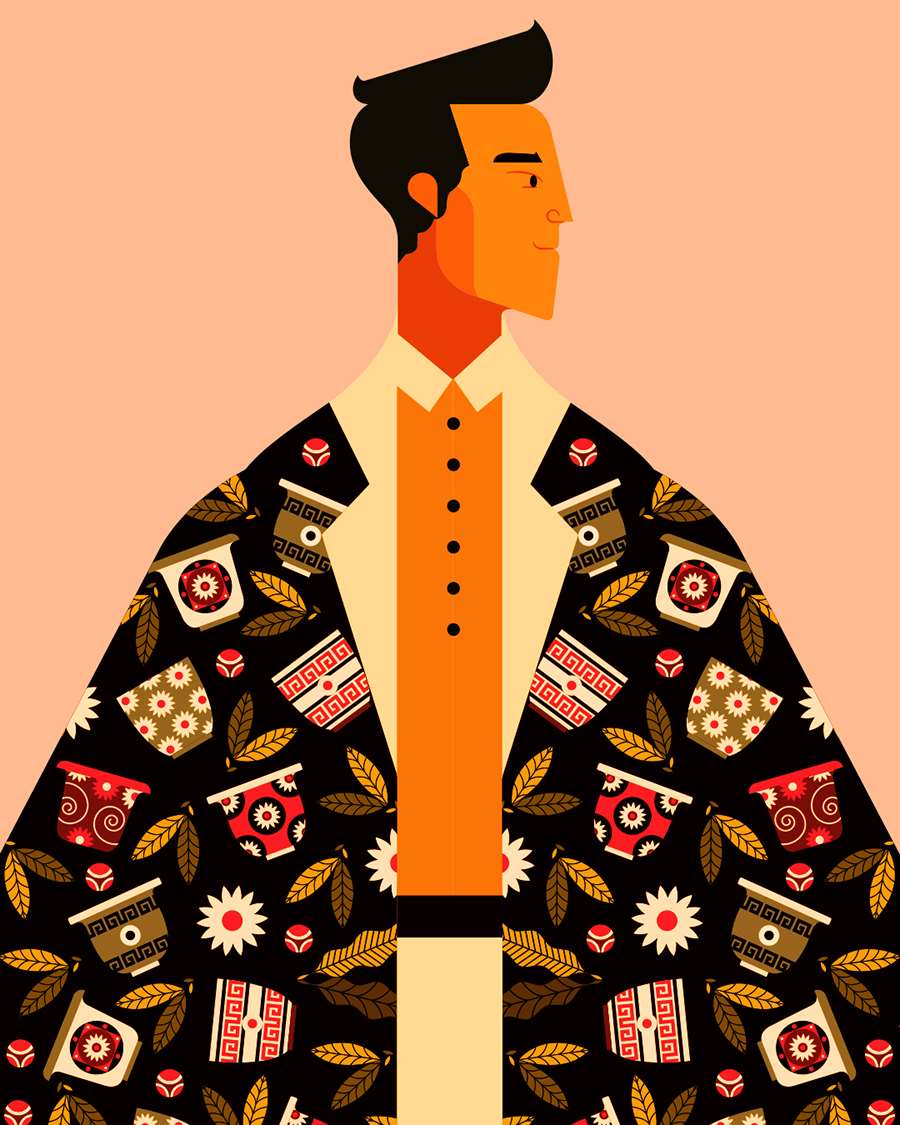Jonny Wan, Bold vector illustration of a man in a playful patterned jacket. 