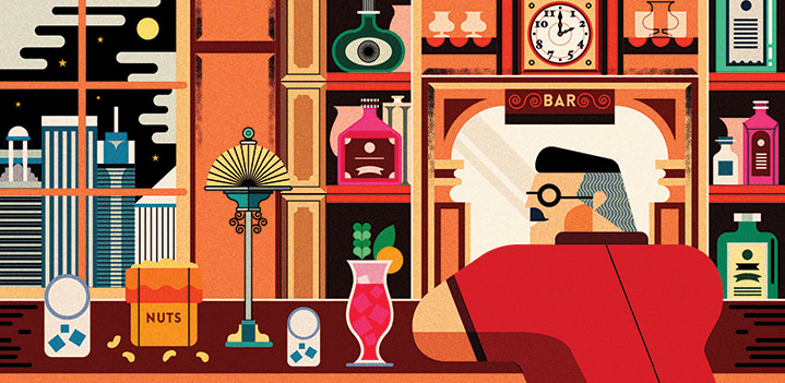 Jonny Wan, Art deco style illustration of a man sitting at a bar