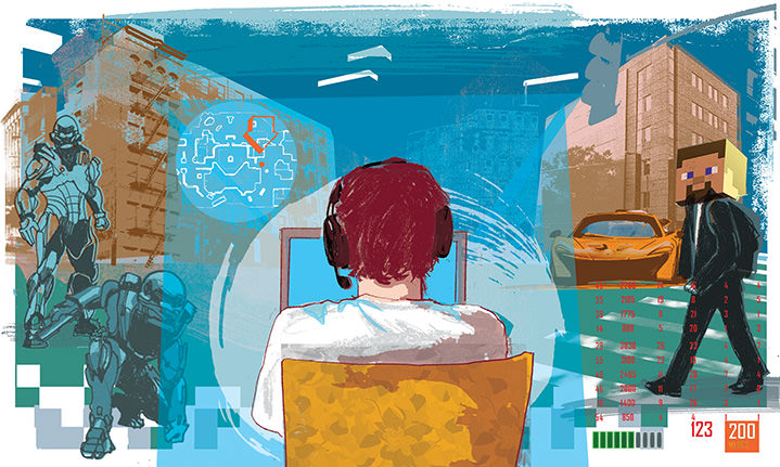 Kate Miller, Hand sketch illustration using collage and digital layers. Painterly scenery of a kid on their computer, with intertwining virtual cityscape, urban background.