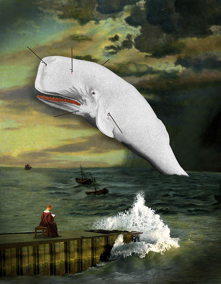 Lou Beach, Surreal vintage photo collage of a women reading a book on a pier with a whale jumping ou the ocean 