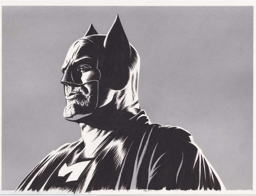 Mark Thomas, Detailed Digital illustration portrait of Batman in black and white. 