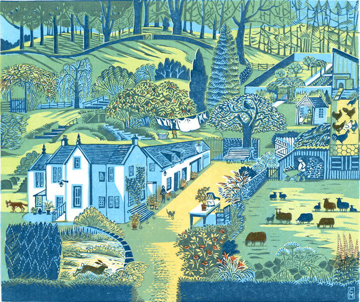 Clare Melinsky, heritage handprinted linocut illustration of farm 