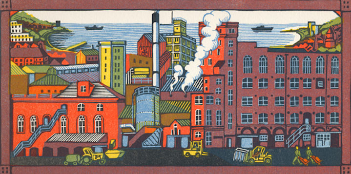 Clare Melinsky, Architectural traditional linocut illustration of a factory 