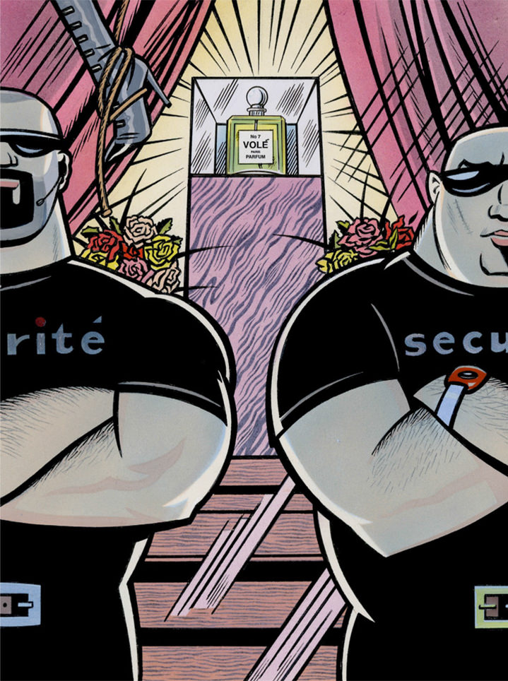 Mick Brownfield, Handpainted retro illustration in a comic style of two security men guarding a perfume. 