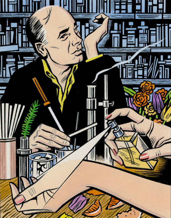Mick Brownfield, Hand-painted retro comic book illustration of a men and women testing perfume 