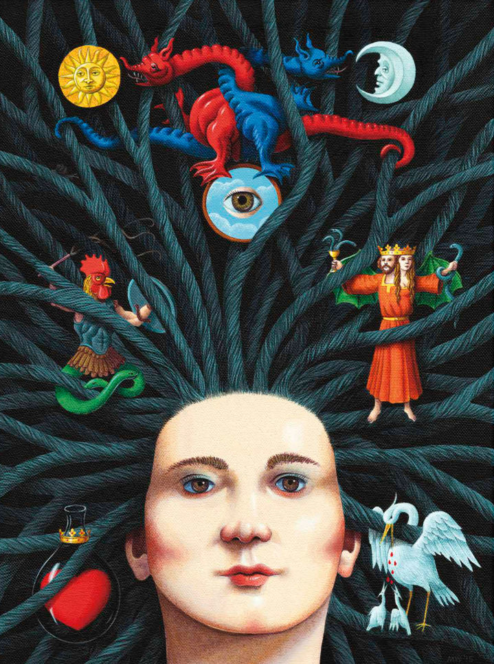 Mike Wilks, Hand painted surreal female face with fantastic creature in her hair