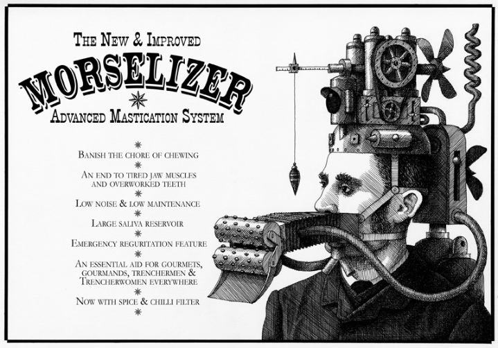 Mike Wilks, Illustration and typography of a fantasy industrial machine in a black and white etching style.
