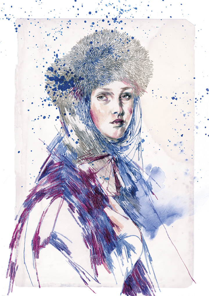 Montse Bernal, Mix media fashion portrait illustration of a women, using pencil, ink and stitching 