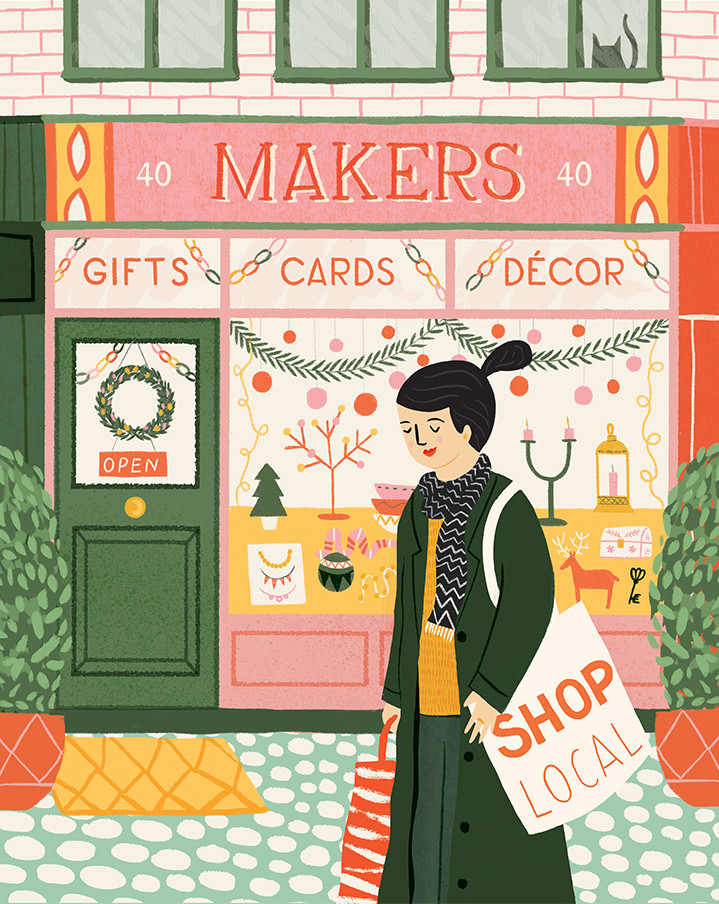 Ruby  Taylor, Colourful illustration of a woman in front of a shop 