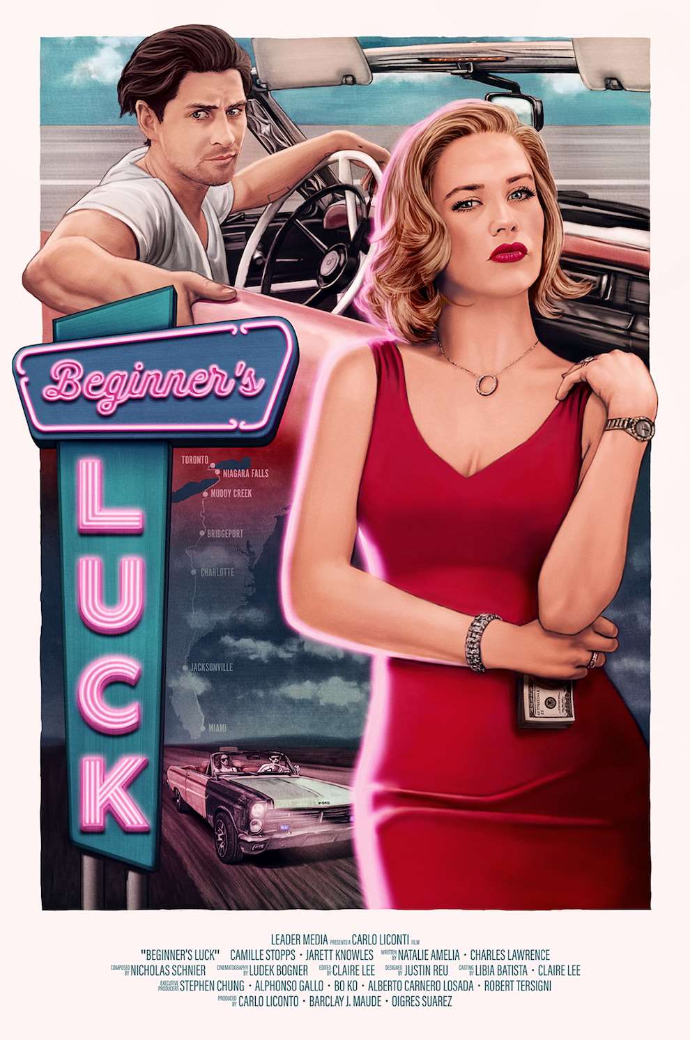 Sam  Gilbey, Painterly movie poster illustration. Man in a car in the background and a glamorous woman in a red dress holding money 