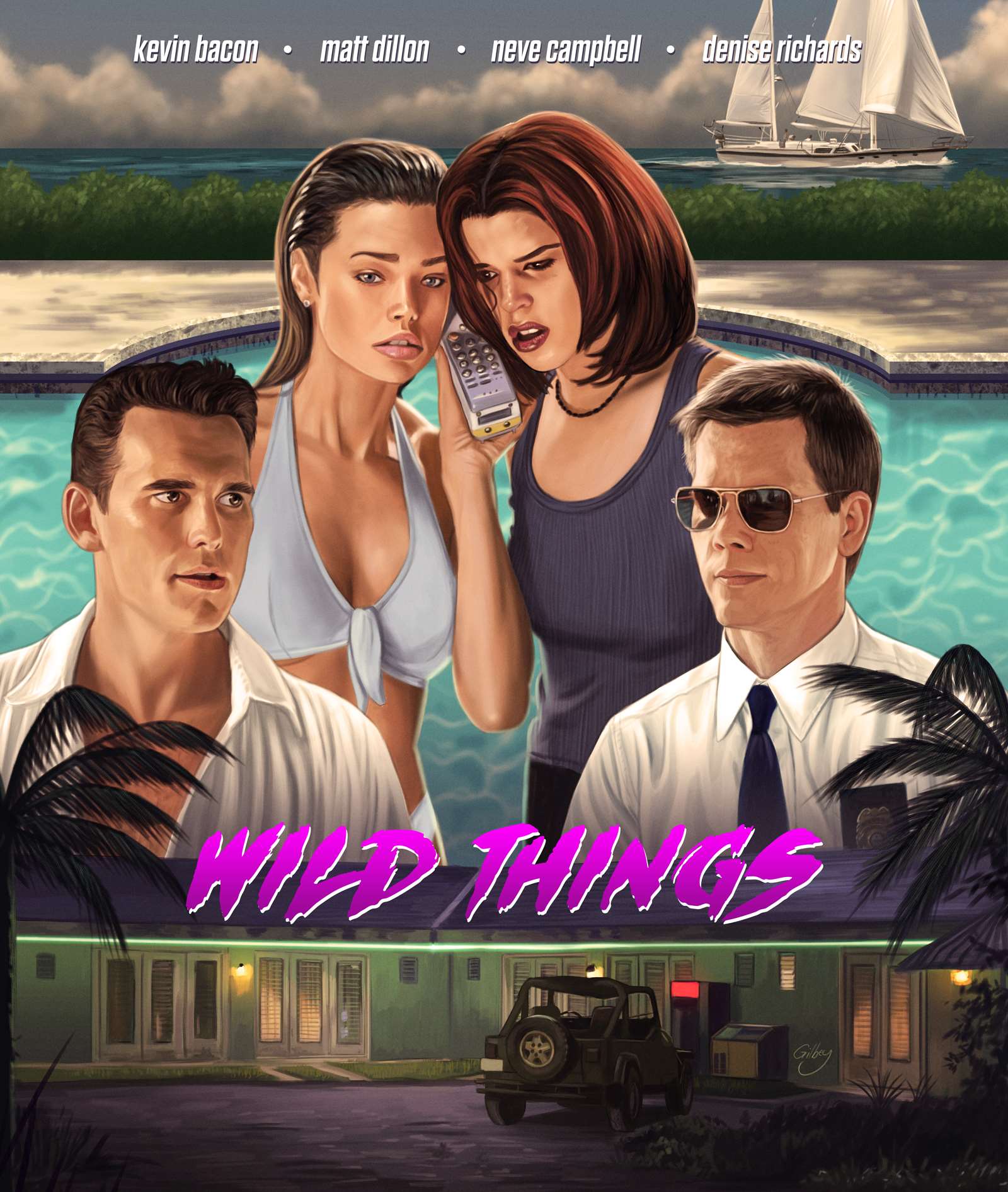 Sam  Gilbey, Cinematic painterly poster art illustration for Wild Things of 4 people in a swimming pool on the phone.  	