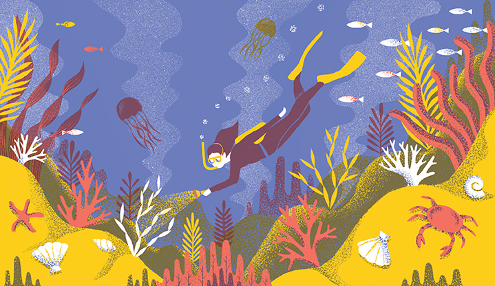 Tatiana Boyko, Tatiana Boyko textural digital illustration beneath the sea of a diver exploring the coral reef, with jellyfish and fish swimming in the background.