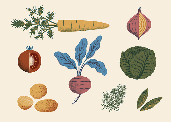 Tatiana Boyko, Tatiana Boyko textural botanical digital illustration of various vegetables on a pale background. 