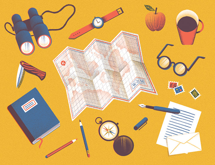 Tatiana Boyko, Tatiana Boyko textural digital illustration of an adventure map, binoculars, a compass, a pen, paper, pair of glasses, apple, tea, watch and everything you need for a journey!