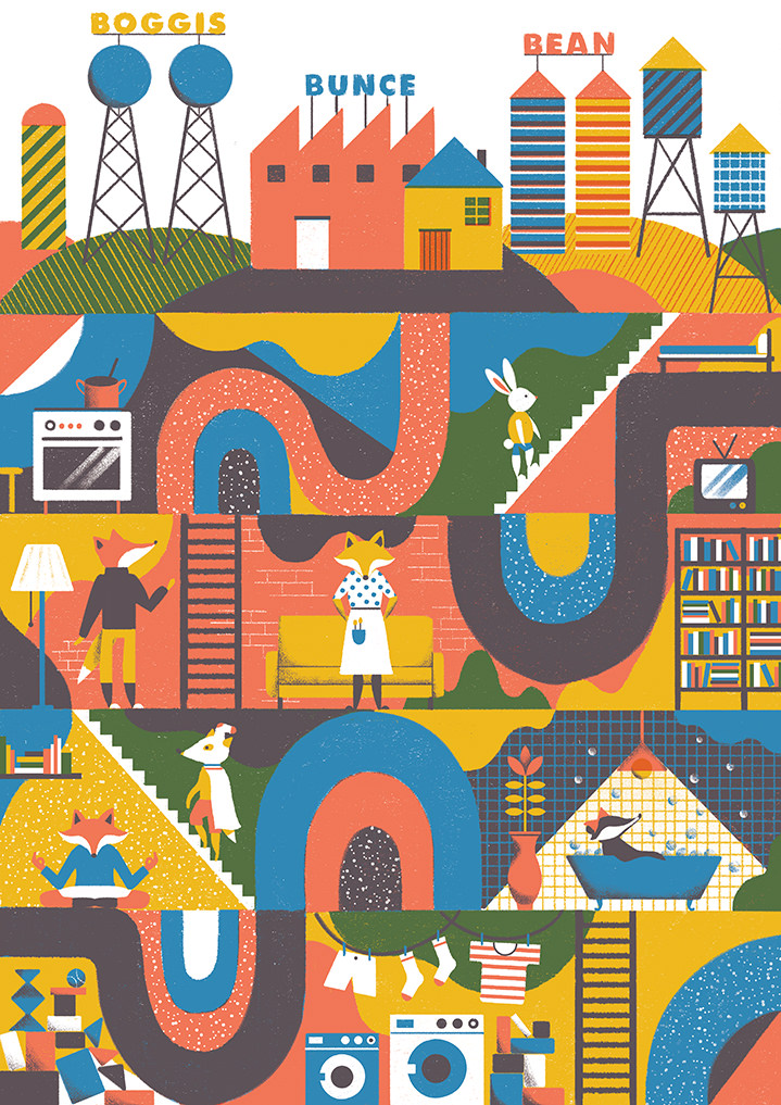 Tatiana Boyko, Fantastic Mr Fox textural digital poster art. Playful narrative scenery with bold shapes and vibrant colours. 