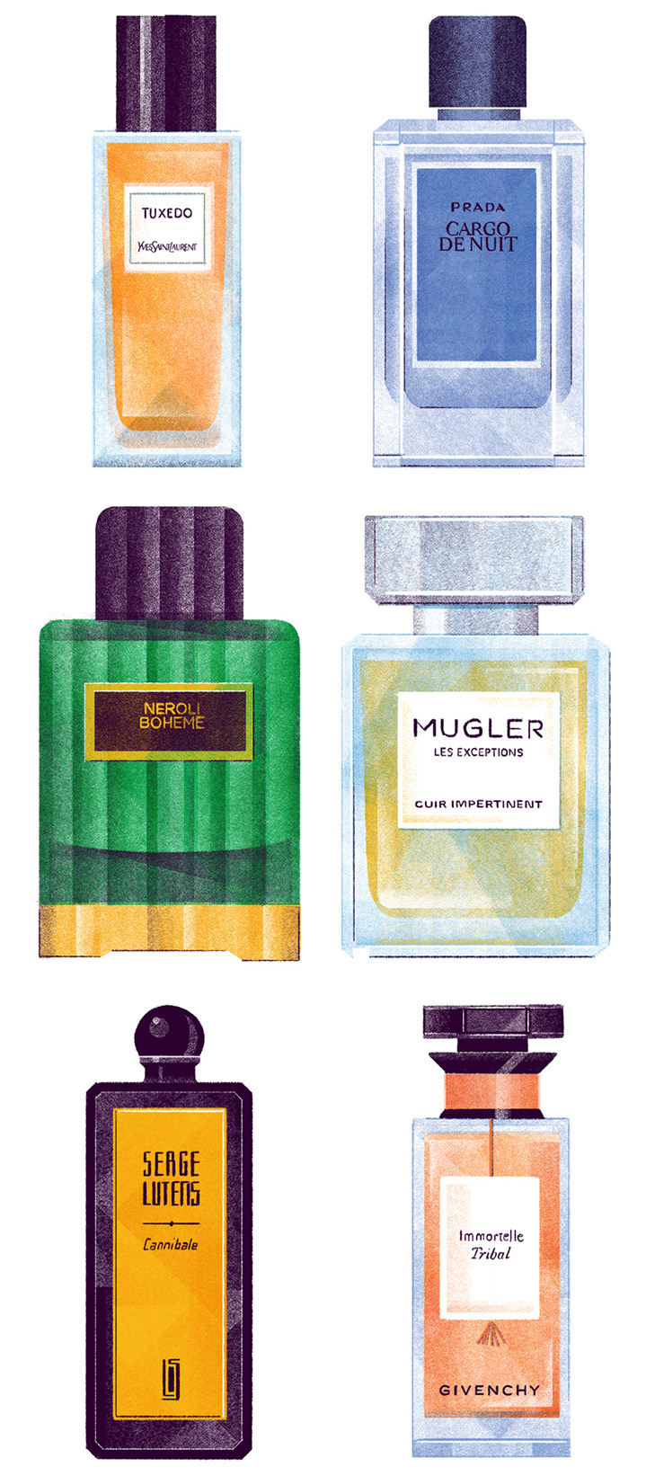 Tatiana Boyko, Tatiana Boyko textural, digital illustration of a series of perfume bottles.  