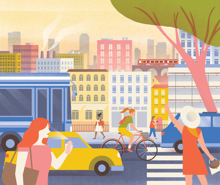 Tatiana Boyko, Bold and graphic digital illustration of a cityscape with a woman on a bike, a lady waving to her friend across the road and a woman on her phone.