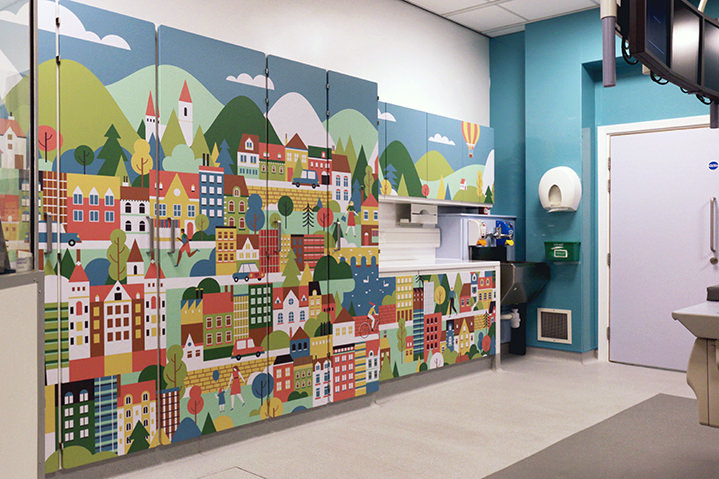 Tatiana Boyko, Tatiana Boyko textural digital mural illustration of playful cityscape in hospital.