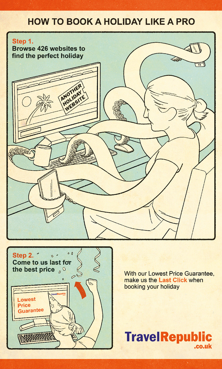 Tobatron, vintage instructional advert for Travel Republic showing a woman browsing a computer with fantasy, surreal tentacle arms. 