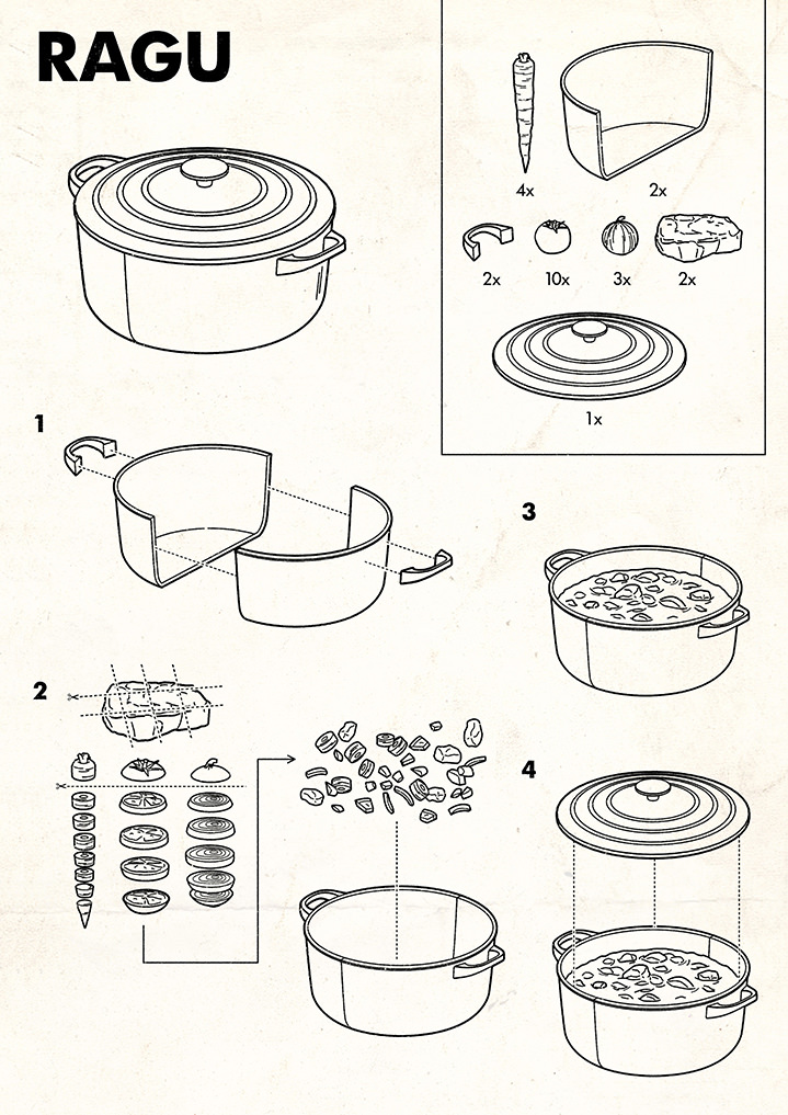 Tobatron, infographic illustration tongue in cheek ikea pastiche. Instructional diagrams to make ragu with vegetables. Line drawn.