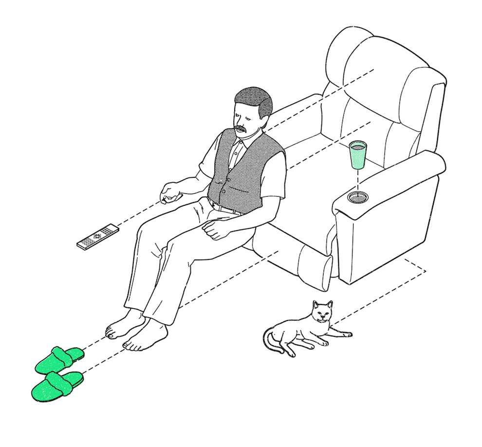 Tobatron, Infographic humorous line drawing of man in comfy chair watching TV.