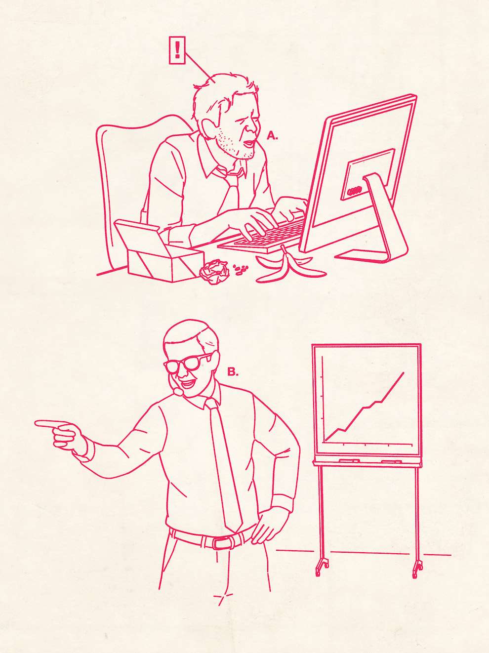 Tobatron, Funny Infographic line illustration of a man in the office. Diagram, instructional, step by step guide, technical illustration style. User Manual. 