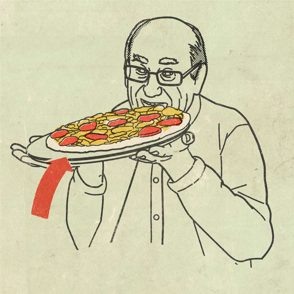 Tobatron, Line drawing infographic style illustration of man eating pizza. 