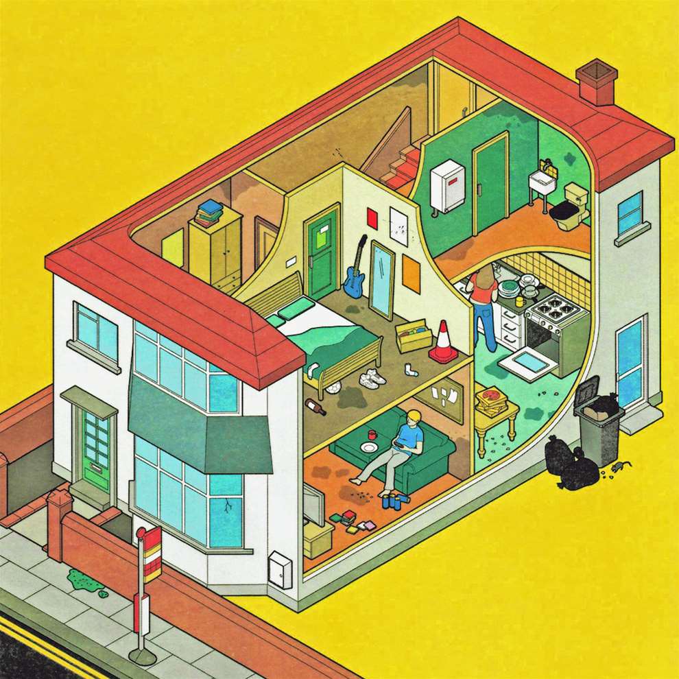 Tobatron, Infographic style illustration of student house. Humorous, 